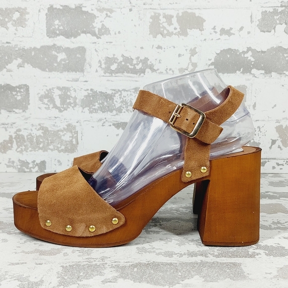 NEW Steve Madden Alabama Platform Brown Suede Wooden Studded Sandals F66 - Picture 1 of 11